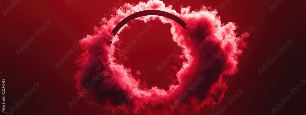 Poster dramatic red cloud circular composition for product presentation with substantial copy space for tex