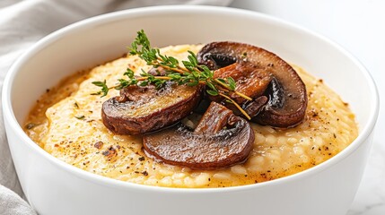 Creamy Risotto with Mushrooms and Fresh Herbs in a White Bowl
