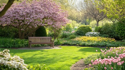 Blooming cherry tree in a botanical garden during spring with a serene bench and vibrant flowers creating a peaceful outdoor scene