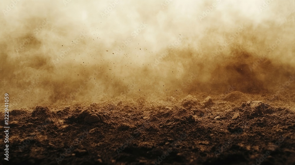 Poster dusty ground cross section with text space showcasing earthy textures and particles for creative or 