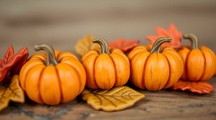 Festive Thanksgiving Display with Pumpkins and Fall Leaves, Vibrant Orange and White Pumpkins for Seasonal Decor, Autumn Pumpkins and Maple Leaves on Wooden Background