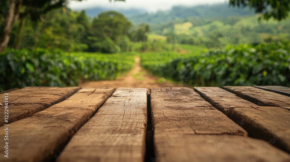 Poster wooden table detail in coffee crop field with scenic landscape and empty space for text or captions 