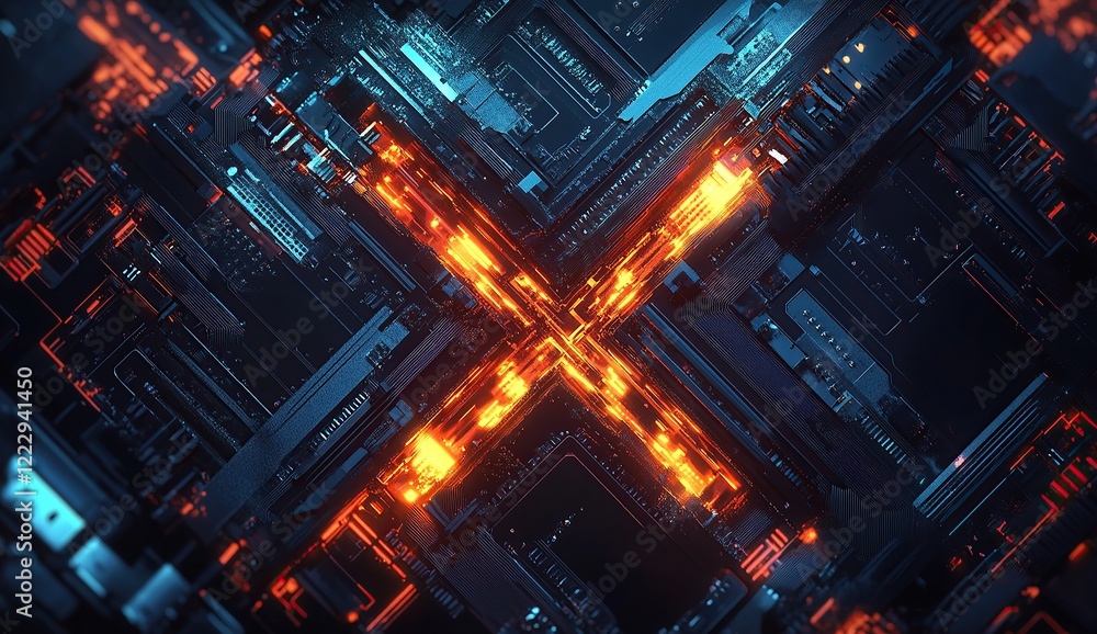 Poster a digital artwork featuring an abstract circuit board design with glowing elements, creating the let