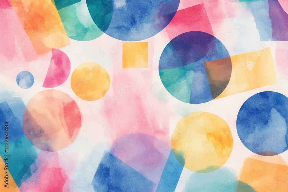 Poster a vibrant watercolor composition featuring colorful shapes including circles and squares, blending s