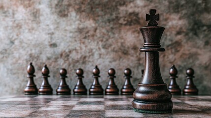 A solitary black chess king positioned ahead of white pawns, representing a game of strategy, leadership, and tactical competition