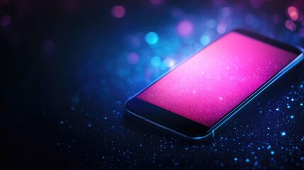 Futuristic smartphone on a vibrant abstract background with glowing particles and empty space for customizable text or advertising.