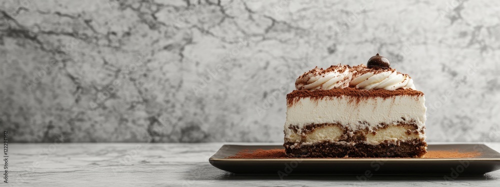 Poster double layered tiramisu on plate with empty space for text against marble background