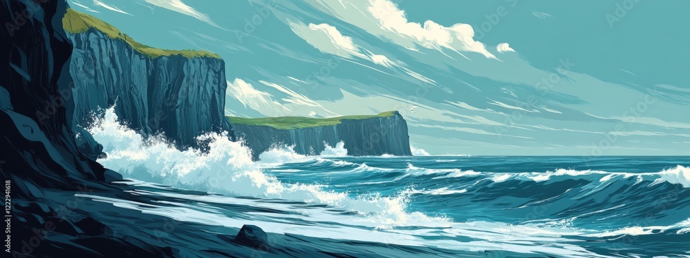 Aufkleber rugged coastline with dramatic cliffs and crashing waves showcasing vibrant ocean colors and ample s