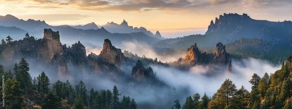 Poster dramatic rock formations loom over a fog-covered pine forest under low clouds creating a serene land