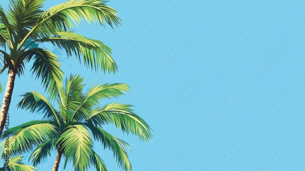 Poster palm trees against a bright blue sky creating a tranquil tropical atmosphere with ample empty space 