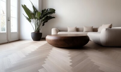 Modern living room interior with minimalist furniture and wooden elements on a herringbone floor, concept of interior design.