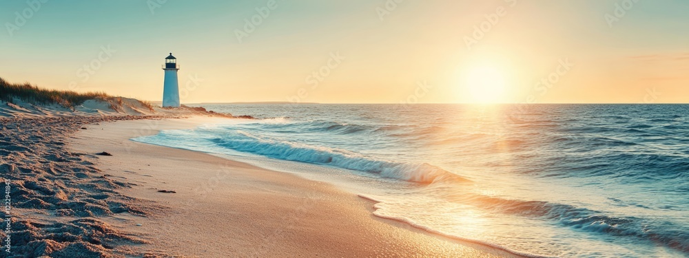 Poster tranquil beach sunset with lighthouse illuminating coastal landscape and soft waves creating serene 