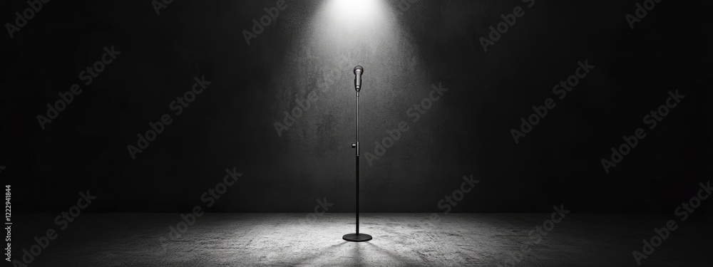 Poster dramatic spotlight on microphone in empty stage setting ideal for event promotion or music related t