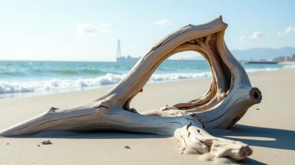 Fototapeta premium Ocean-worn driftwood forms a natural frame, showcasing a tranquil beach scene with gentle waves