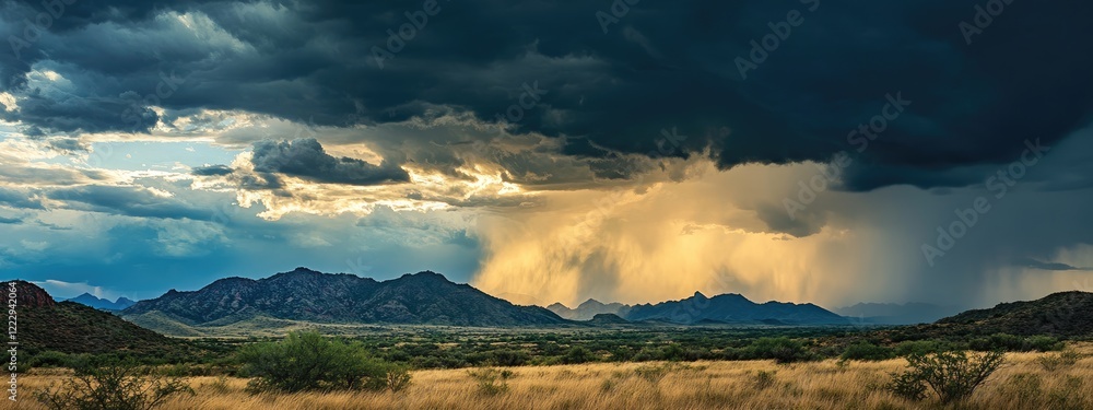 Poster dramatic storm clouds over mountains during monsoon season with expansive sky creating empty space f