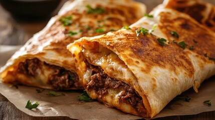 A mouthwatering beef burrito filled with fresh ingredients is nestled together, showcasing an appetizing blend of flavors and textures.