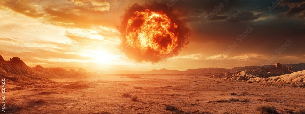 Aufkleber dramatic desert landscape showcasing a vivid atomic explosion with expansive empty space for custom 