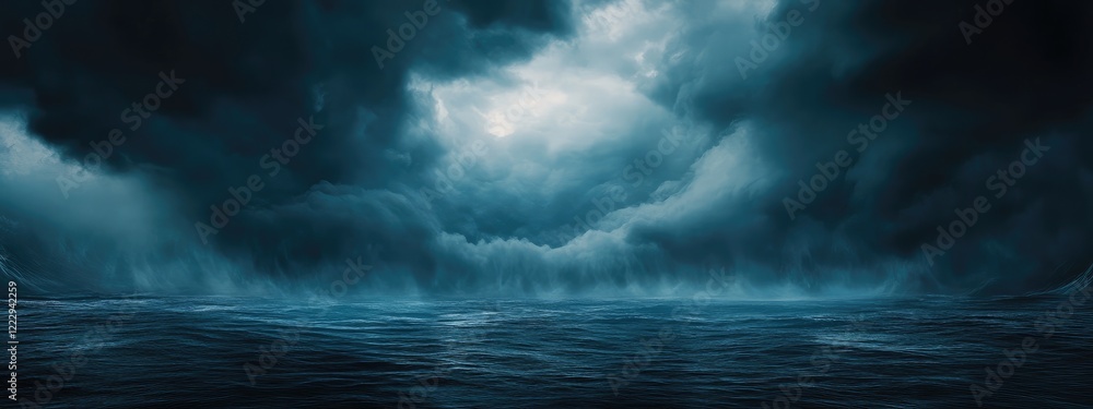 Aufkleber dramatic storm clouds over ocean with intense lightning and calm water creating a serene yet powerfu