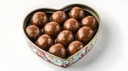 Obraz premium A clean and detailed view of chocolate-covered caramel toffees placed in a decorative heart-shaped tin