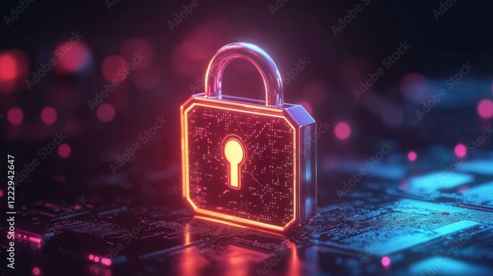 Poster digital lock with neon glow representing cybersecurity and network protection on a circuit board bac