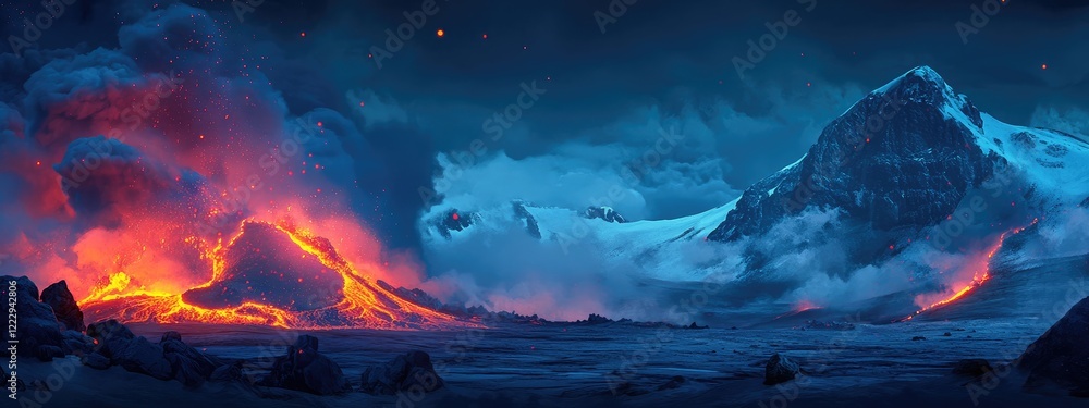 Poster dramatic lava flow lighting up dark snowy volcanic terrain with ample empty space for text and creat