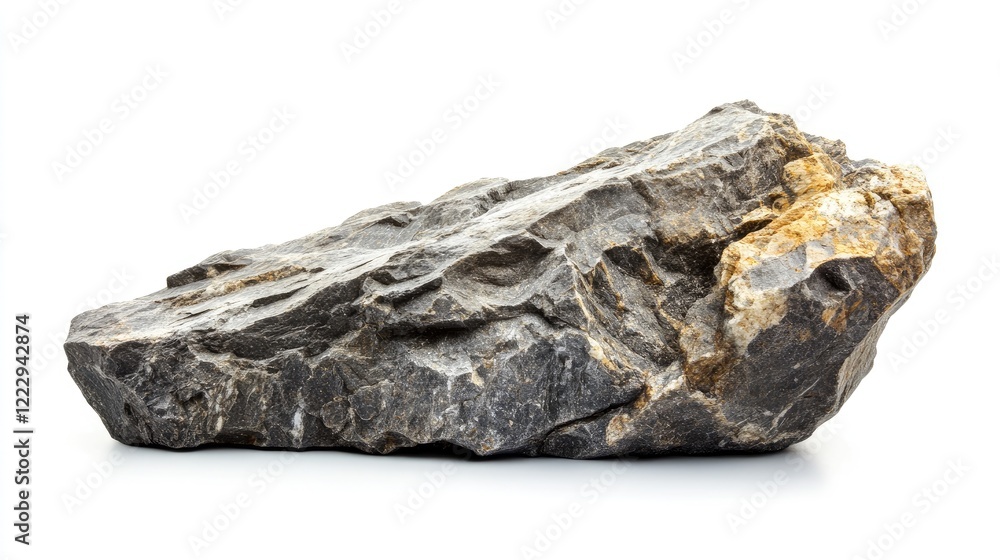 Poster strong textured gravel rock cliff on white background with ample empty space for geological text or 