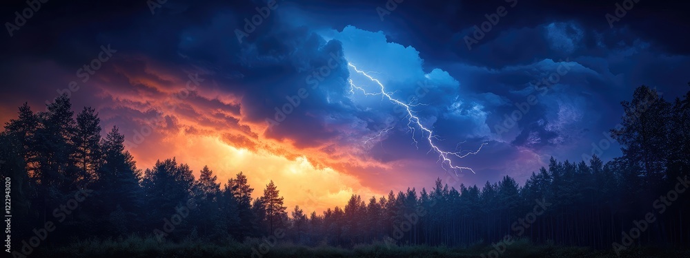 Poster dramatic twilight storm over forest with vivid lightning and dark clouds creating intense atmospheri