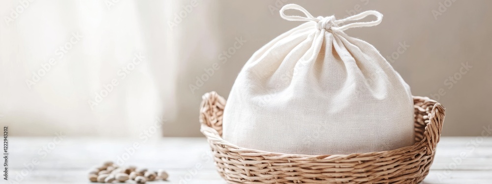 Aufkleber drawstring closure white cloth bag in a basket with minimalist background for text placement and pro
