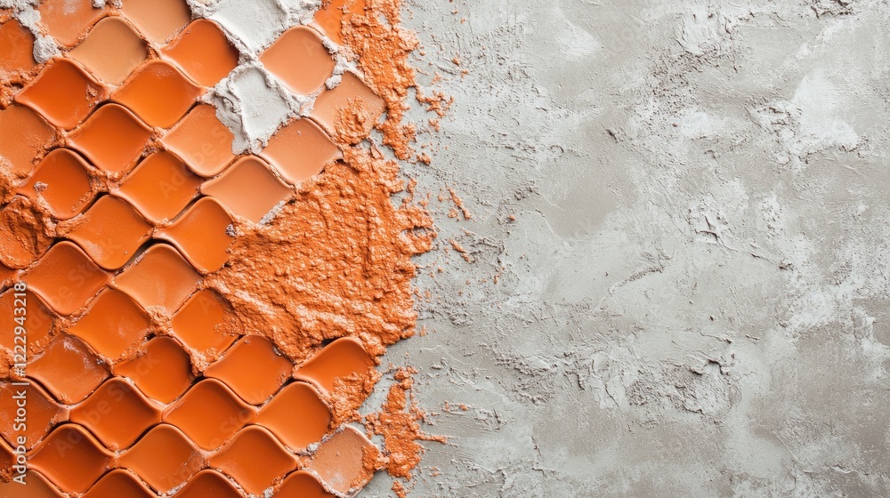 Poster terracotta roof tiles and mortar texture on gray background with space for text or design elements i