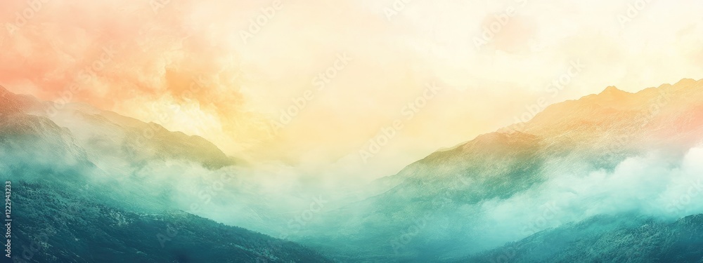 Poster mystical landscape in pastel tones featuring ethereal clouds and mountains with ample space for text