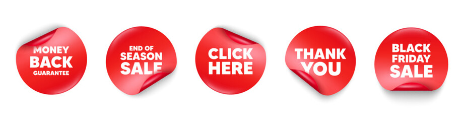 Money back guarantee sticker tag. Season sale, Black friday paper price banners. Money back guarantee tag. Promo offer sign. Advertising promotion symbol. Thank you sticker. Vector