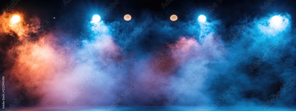 Aufkleber twilight stage with colorful spotlights and smoke creating an empty space for text in a dramatic atm