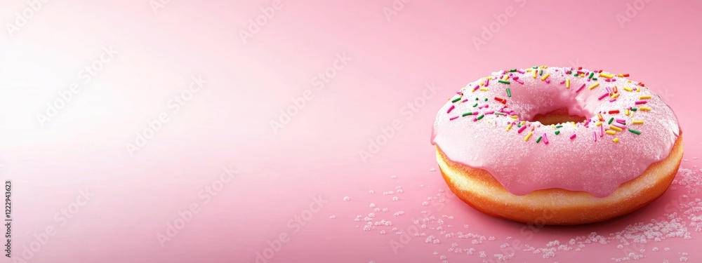 Poster doughnut with pink icing and colorful sprinkles on soft pink background with copy space for text and