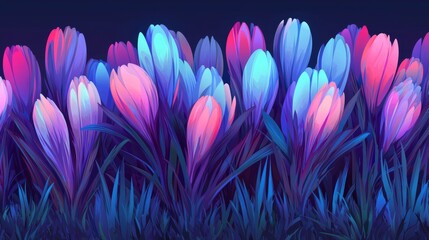 Vibrant Abstract Flower Garden with Colorful Crocuses in Shades of Pink and Blue Against a Dark Background