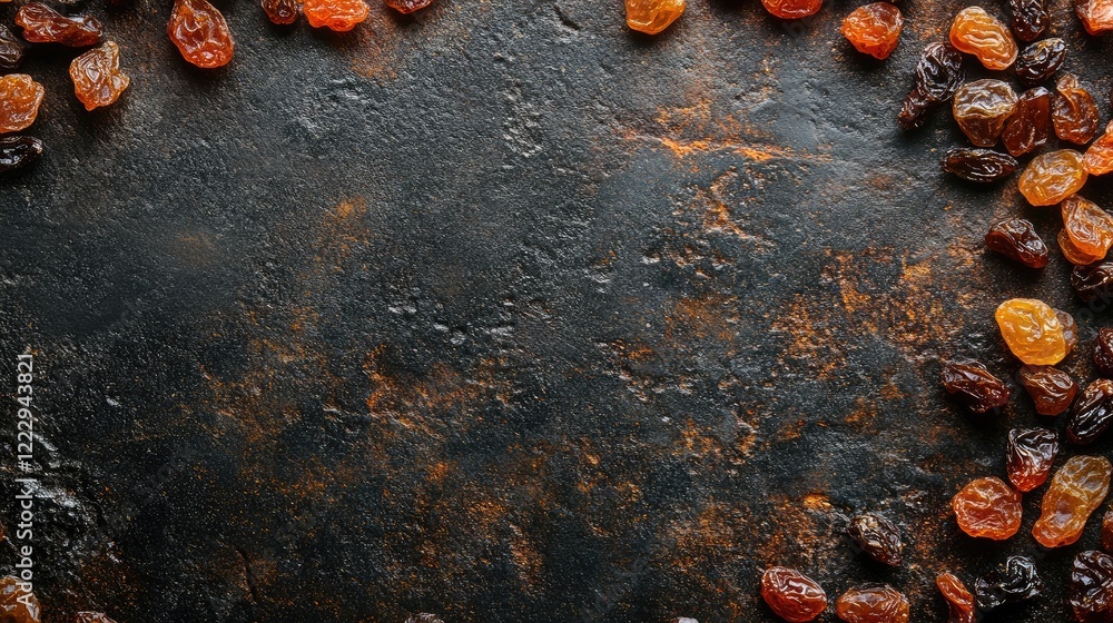 Poster macro shot of burnt orange raisins on a dark textured surface with ample empty space for food relate
