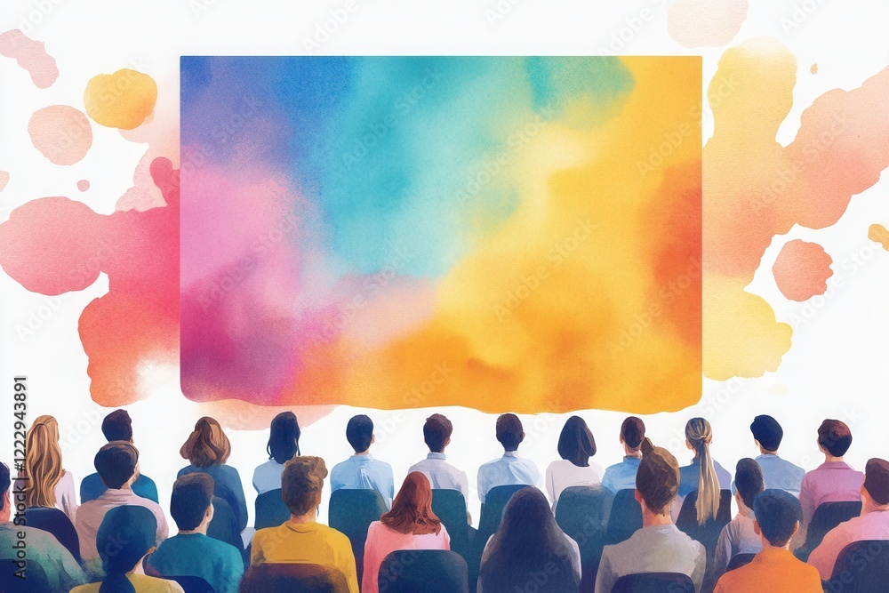 Poster a colorful, abstract projection is displayed to an audience, creating a vibrant visual experience.