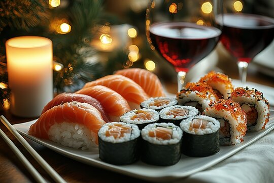 A festive sushi platter featuring salmon nigiri and maki rolls accompanied by wine and candlelight - Powered by Adobe