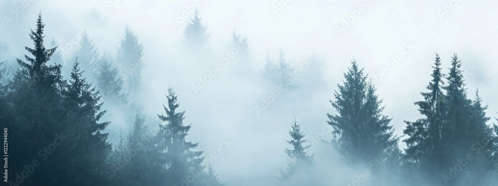 Poster mysterious fog envelops a tranquil forest creating a serene atmosphere with space for personalized t