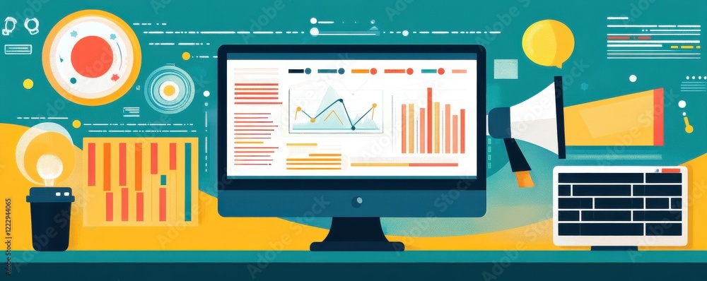 Poster a vibrant workspace featuring a computer displaying data analytics, charts, and a megaphone, symboli