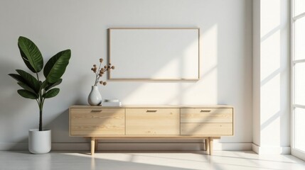 Light-filled room showcasing minimalist wooden sideboard, a large blank frame, and a potted plant, ideal for showcasing artwork or design elements in a modern home setting.