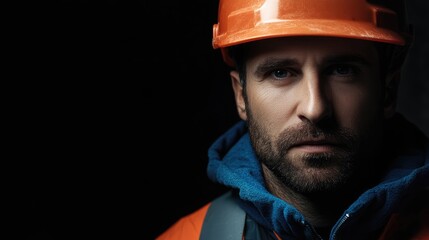 Portrait of a serious construction worker in an orange helmet set against a dark background with space for text and branding.