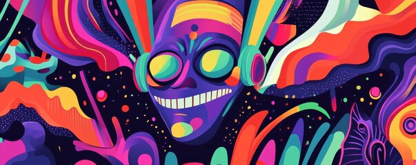 Obraz premium A vibrant, colorful illustration featuring a smiling skull surrounded by swirling patterns and abstract shapes, evoking a festive and mystical atmosphere.