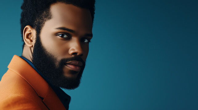 Elegant Black Gentleman in Stylish Jacket, Captured with Soft Studio Lighting on a Neutral Background. A Modern and Clean High-End Fashion Portrait with Shallow Depth of Field.