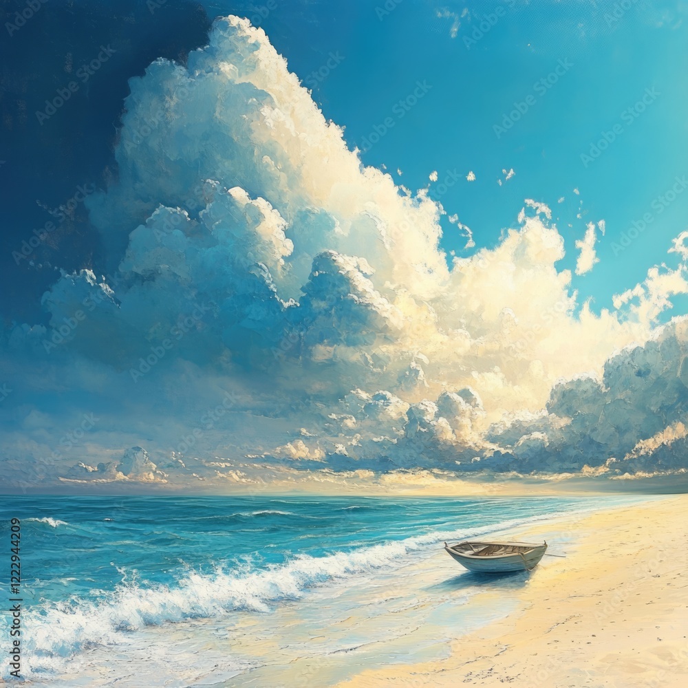 Poster tranquil beach scene with inflatable boat under dramatic skies and open space for custom text or con