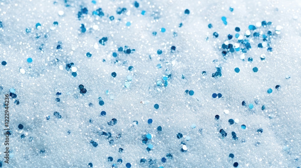 Poster close up of blue confetti scattered on a snowy textured background with ample empty space for text o
