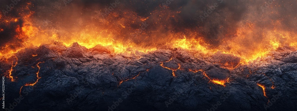 Poster dramatic volcanic eruption with glowing lava and ash clouds creating dynamic landscape ideal for tex