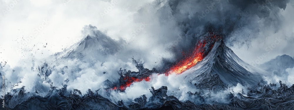 Poster dramatic volcanic eruption scene featuring flowing lava and ash clouds with ample space for textual 
