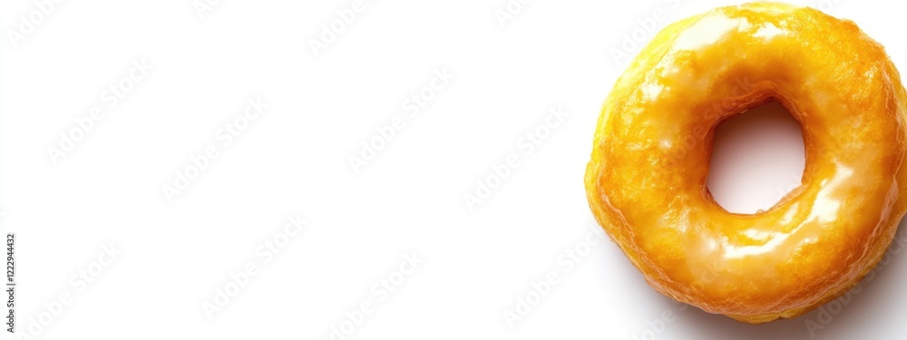 Poster glazed doughnut close up isolated on white background with ample space for text or branding in a des