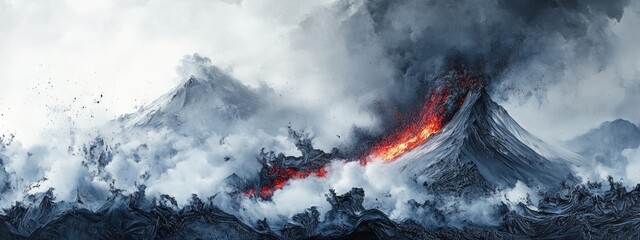 Dramatic volcanic eruption scene featuring flowing lava and ash clouds with ample space for textual content and visual impact