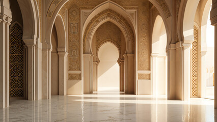 Islamic architecture, ornate archway, carved stone details, geometric patterns, soft beige tones, marble floor